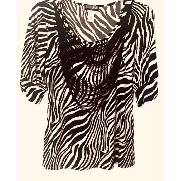 J.T.B. SHORT SLV PULL-OVER RND NECK FRINGE BLOUSE, WOMENS, L, BLACK & TAN ANIMAL - Picture 1 of 9